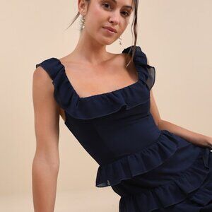 Lulus Compelling Romantic Dark Blue Ruffled Tiered Maxi Dress - Size L